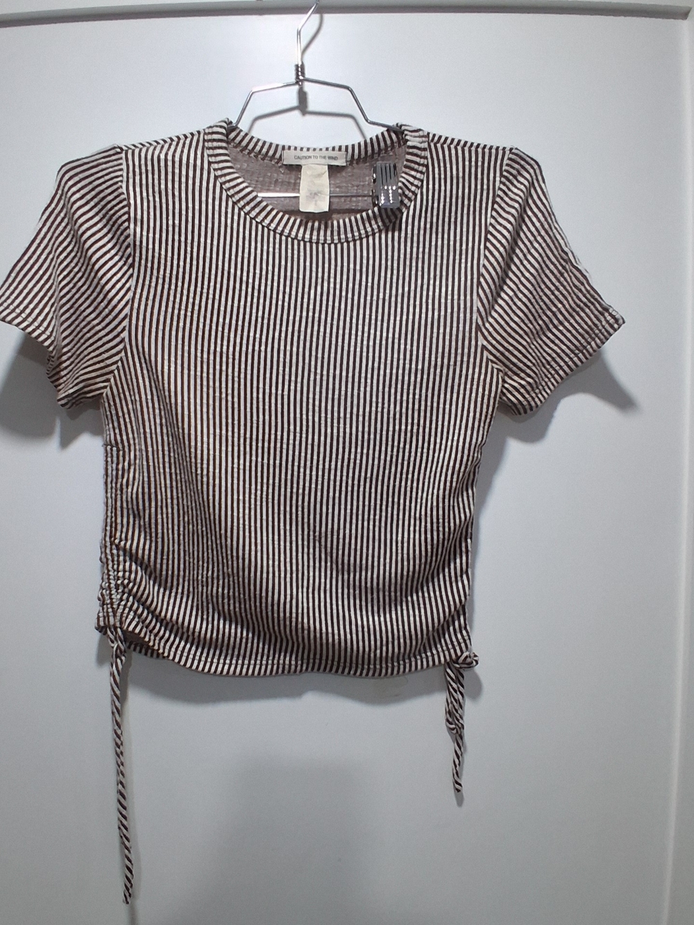 Caution To The Wind Brown & White Striped Drawstring Crop Top S